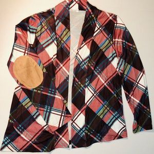 Plaid cardigan with suede elbow patch